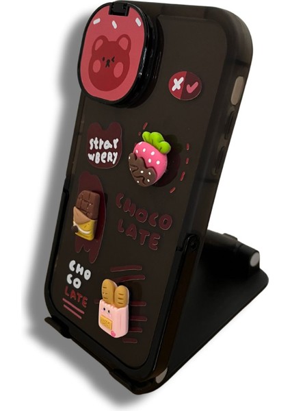 Apple iPhone 11 Choco Late Aynalı Standlı Çilek Çikolata Figürlü Siyah Telefon Kılıfı modelleri