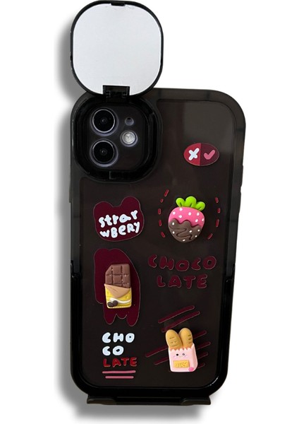 Apple iPhone 11 Choco Late Aynalı Standlı Çilek Çikolata Figürlü Siyah Telefon Kılıfı fırsatları