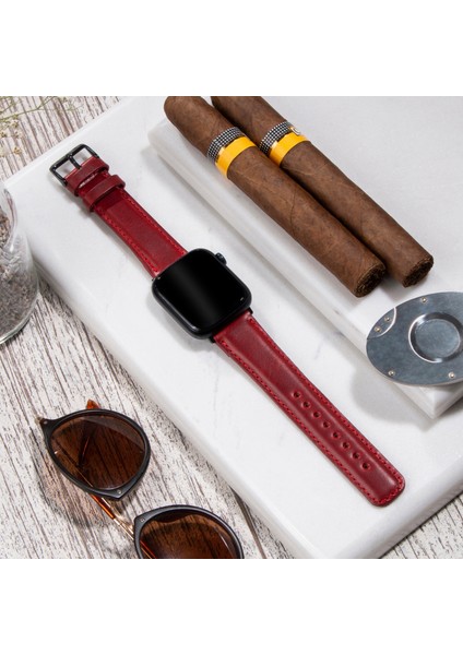 Apple Watch Deri Kordon 42MM 44MM 45MM 49MM 3 / 4 / 5 / 6 / Se / 7 / 8 / 9 Ultra Ultra 2 Deri Kayış Kırmızı