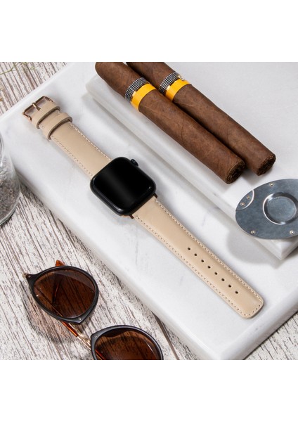 Apple Watch Deri Kordon 42MM 44MM 45MM 49MM 3 / 4 / 5 / 6 / Se / 7 / 8 / 9 Ultra Ultra 2 Deri Kayış Bej