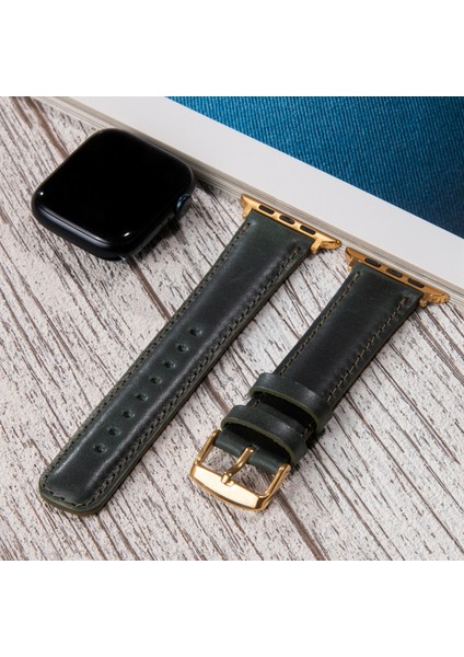 Apple Watch Deri Kordon 42MM 44MM 45MM 49MM 3 / 4 / 5 / 6 / Se / 7 / 8 / 9 Ultra Ultra 2 Deri Kayış Yeşil