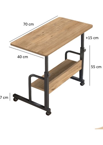 Yükseklik Ayarlı Raflı Dikiş Makinesi Sehpası - Atlantik Çam (Frenli Tekerli) 70X40 Oval Kenar