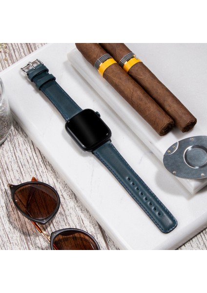 Apple Watch Deri Kordon 42MM 44MM 45MM 49MM 3 / 4 / 5 / 6 / Se / 7 / 8 / 9 Ultra Ultra 2 Mavi Deri Kayış