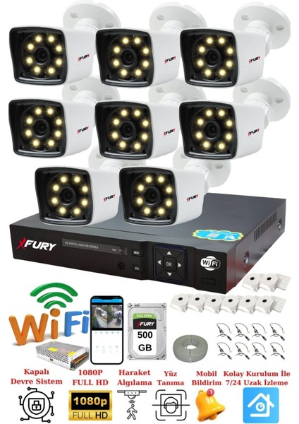 8 Kameralı 5mp Lens 1080P 2mp Color Görüntü 8 Warm LED Gece Görüş Fullhd Güvenlik Kamera 5525W 500GB