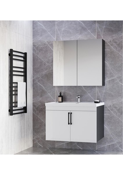 Yalova 65 cm Antrasit-Parlak Akrilik Beyaz Mdf Banyo Dolabı Seti