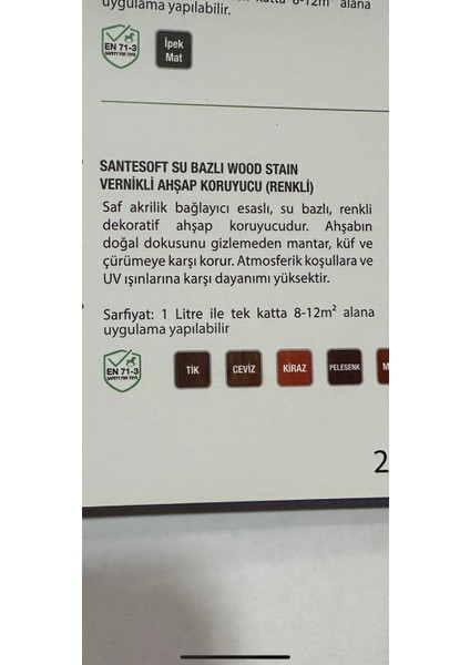 Santesoft Su Bazlı Wood Stain Vernikli Ahşap Koruyucu 2.2 Litre ( Ceviz )