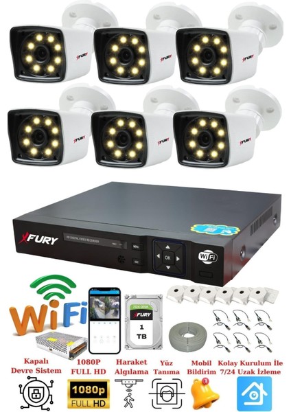6 Kameralı 5mp Lens 1080P 2mp Color Görüntü 8 Warm LED Gece Görüş Fullhd Güvenlik Kamera 5525W 1tb