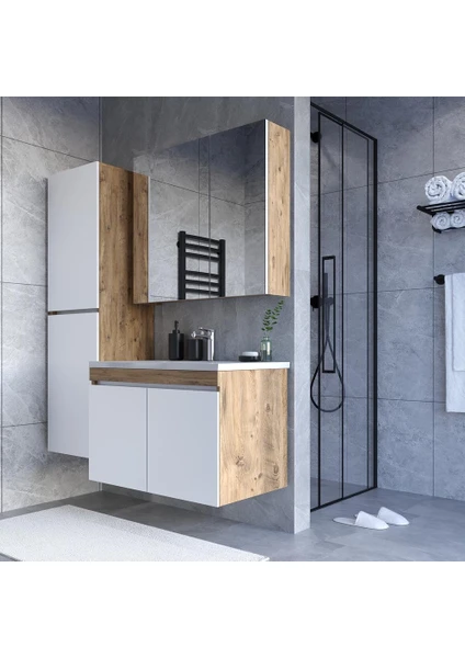 Teta Home Tokyo 65 Cm Atlantik Çam-Beyaz MDF Banyo Dolabı Seti + Boy Dolabı