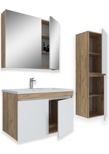 Teta Home Tokyo 65 Cm Atlantik Çam-Beyaz MDF Banyo Dolabı Seti + Boy Dolabı