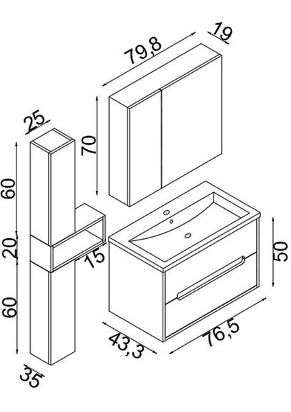 Teta Home Madrid 80 cm Sis Gri-Atlantik Çam MDF Banyo Dolabı Seti ve Boy Dolabı