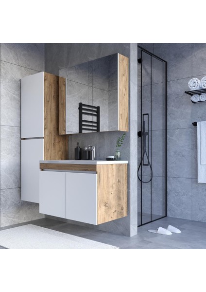 Teta Home Tokyo 80 Cm Atlantik Çam-Beyaz Mdf Banyo Dolabı Seti +Boy Dolabı