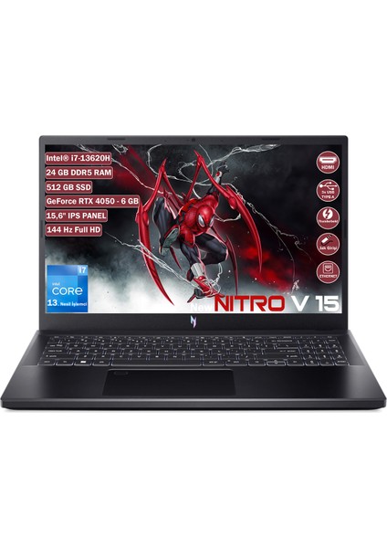 Nitro V 15 ANV15-51 Intel Core I7 13620H 24 GB 512 GB SSD Rtx 4050 6 GB Freedos 15.6" Fhd IPS Taşınabilir Bilgisayar NH.QNBEY.005+245