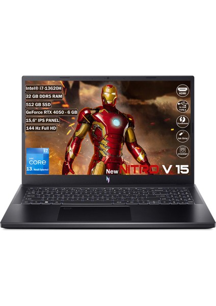 Nitro V 15 ANV15-51 Intel Core I7 13620H 32 GB 512 GB SSD Rtx 4050 6 GB Freedos 15.6" Fhd IPS Taşınabilir Bilgisayar NH.QNBEY.005+325