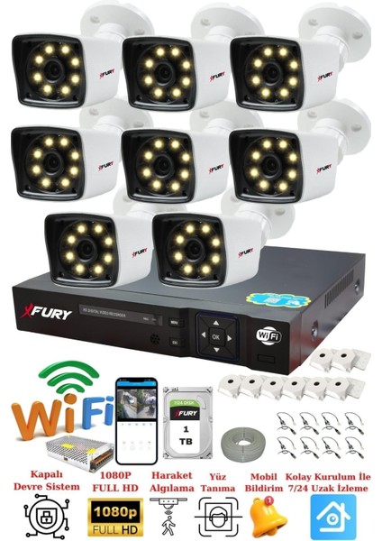 8 Kameralı 5mp Lens 1080P 2mp Color Görüntü 8 Warm LED Gece Görüş Fullhd Güvenlik Kamera 5525W1TB