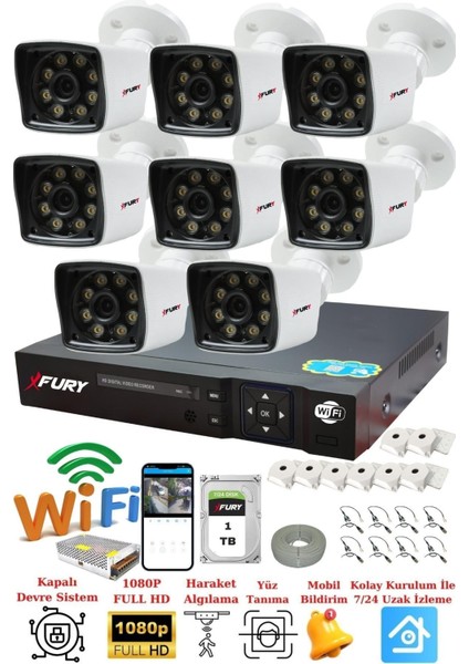 8 Kameralı 5mp Lens 1080P 2mp Color Görüntü 8 Warm LED Gece Görüş Fullhd Güvenlik Kamera 5525W1TB