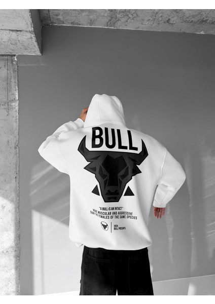 Oversize Bull Baskılı Hoodie Beyaz