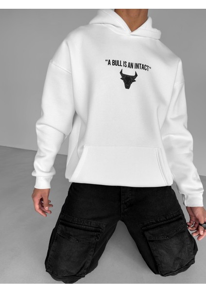 Oversize Bull Baskılı Hoodie Beyaz