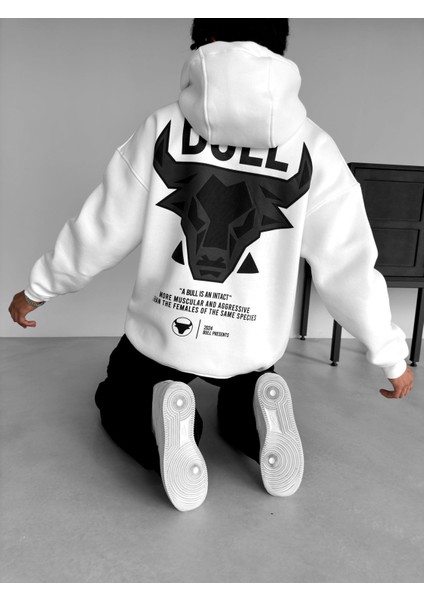 Oversize Bull Baskılı Hoodie Beyaz