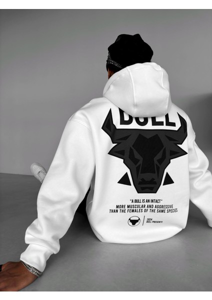 Oversize Bull Baskılı Hoodie Beyaz