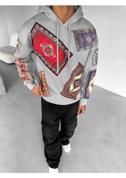 Abluka Online Oversize Kilim Yamalı Hoodie Gri