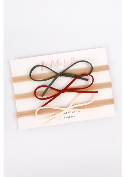 Yeşil-Bordo-Ekru Deri Fiyonk 3'lü Kız Çocuk Saç Bandı Set