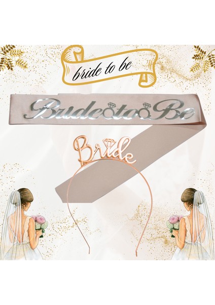 Bride To Be Metal Taç ve Kuşak Seti & Bekarlığa Veda Partisi & Pembe Gümüş Kuşak Rose Taç