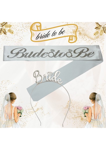 Bride To Be Metal Taç ve Kuşak Seti & Bekarlığa Veda Partisi & Beyaz Gümüş Kuşak Gümüş Taç