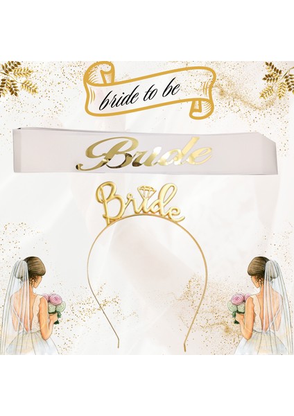 Bride Metal Taç ve Kuşak Seti & Bekarlığa Veda Partisi & Beyaz Altın Kuşak Altın Taç