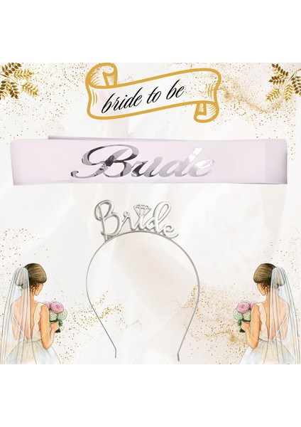 Bride Metal Taç ve Kuşak Seti & Bekarlığa Veda Partisi & Beyaz Gümüş Kuşak Gümüş Taç