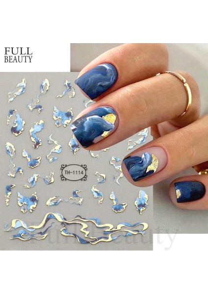 3D Altın Dalga Çizgi Tırnak Etiket Mermer Mavi Geometri Soyut Çiçekler Nail Art Kaydırıcılar Çıkartmaları Folyo Manikür Süslemeleri Chth (Yurt Dışından)