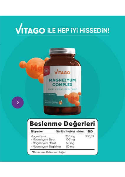 Premium Magnezyum Complex Içeren Tablet Takviye Edici Gıda 30'lu
