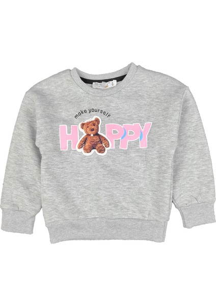 Kız Çocuk Üç Iplik Ayı Baskı Nakışlı Sweatshirt Happy