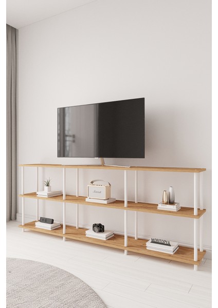 Çevir Kur 200 cm Raflı Tv Sehpası, Tv Ünitesi Atlantik Çam Bd