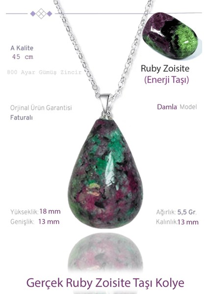 Damla Model Ruyby Zoisite Taşı Anyolit Taşı Kolye