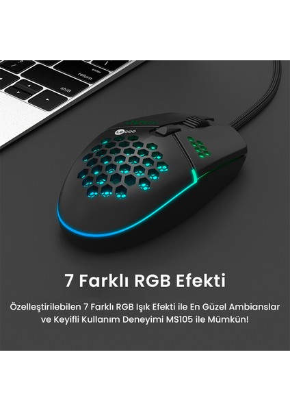 Lenovo Lecoo MS105 Kablolu RGB LED Aydınlatmalı 3200DPI 6 Tuşlu Gaming Mouse Siyah