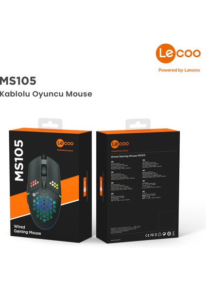 Lenovo Lecoo MS105 Kablolu RGB LED Aydınlatmalı 3200DPI 6 Tuşlu Gaming Mouse Siyah