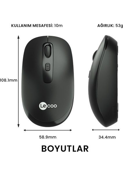 Lenovo Lecoo WS205 Kablosuz 1600DPI 4 Tuşlu Optik Mouse Siyah