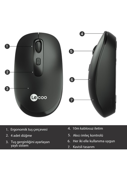 Lenovo Lecoo WS205 Kablosuz 1600DPI 4 Tuşlu Optik Mouse Siyah