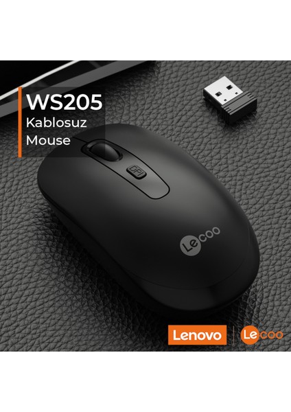 Lenovo Lecoo WS205 Kablosuz 1600DPI 4 Tuşlu Optik Mouse Siyah