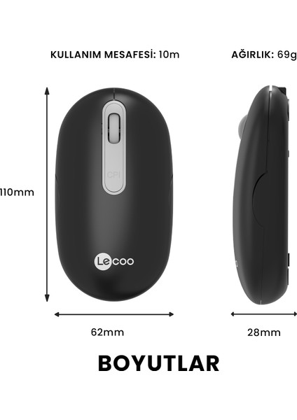 WS207 Şarj Edilebilir Kablosuz 1600DPI 4 Tuşlu Sessiz Kompakt Optik Mouse Siyah