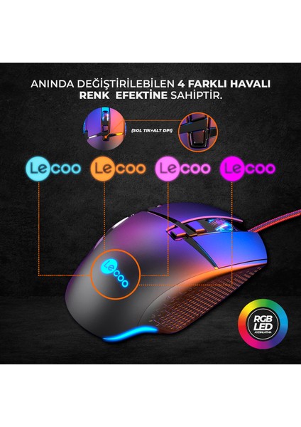 Lenovo Lecoo MG1101 Kablolu RGB LED Aydınlatmalı 6400DPI 8 Tuşlu Gaming Mouse Siyah