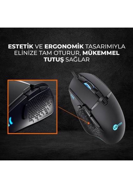 Lenovo Lecoo MG1101 Kablolu RGB LED Aydınlatmalı 6400DPI 8 Tuşlu Gaming Mouse Siyah