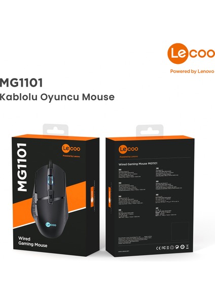 Lenovo Lecoo MG1101 Kablolu RGB LED Aydınlatmalı 6400DPI 8 Tuşlu Gaming Mouse Siyah