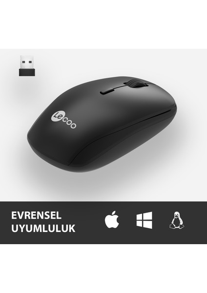 Lenovo Lecoo WS203 Kablosuz 2400DPI 4 Tuşlu Optik Mouse Siyah