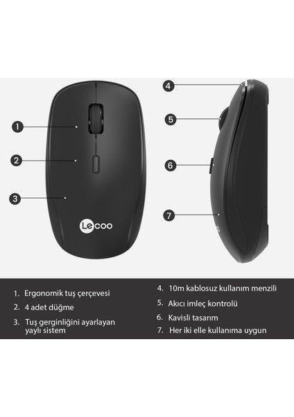 Lenovo Lecoo WS203 Kablosuz 2400DPI 4 Tuşlu Optik Mouse Siyah