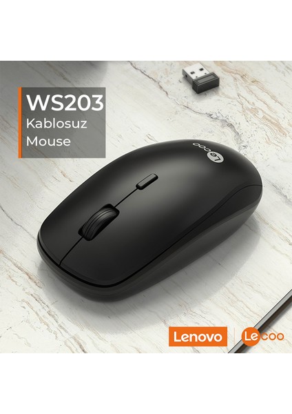 Lenovo Lecoo WS203 Kablosuz 2400DPI 4 Tuşlu Optik Mouse Siyah