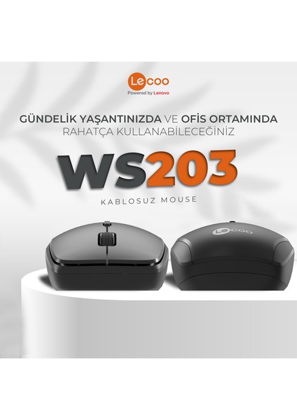 Lenovo Lecoo WS203 Kablosuz 2400DPI 4 Tuşlu Optik Mouse Siyah