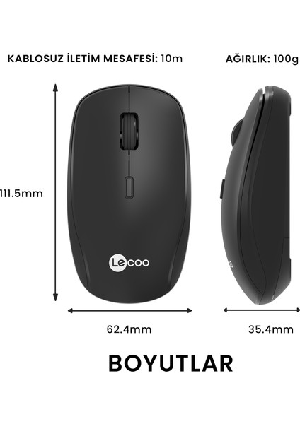 Lenovo Lecoo WS203 Kablosuz 2400DPI 4 Tuşlu Optik Mouse Siyah