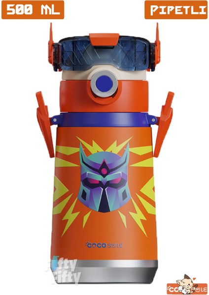 Cocosmile Özel Kutulu 500 ml Pipetli Çelik Termos Boyun Askılı 4 Farklı Robot Modeli CS0001
