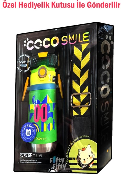 Cocosmile Özel Kutulu 500 ml Pipetli Çelik Termos Boyun Askılı 4 Farklı Robot Modeli CS0001